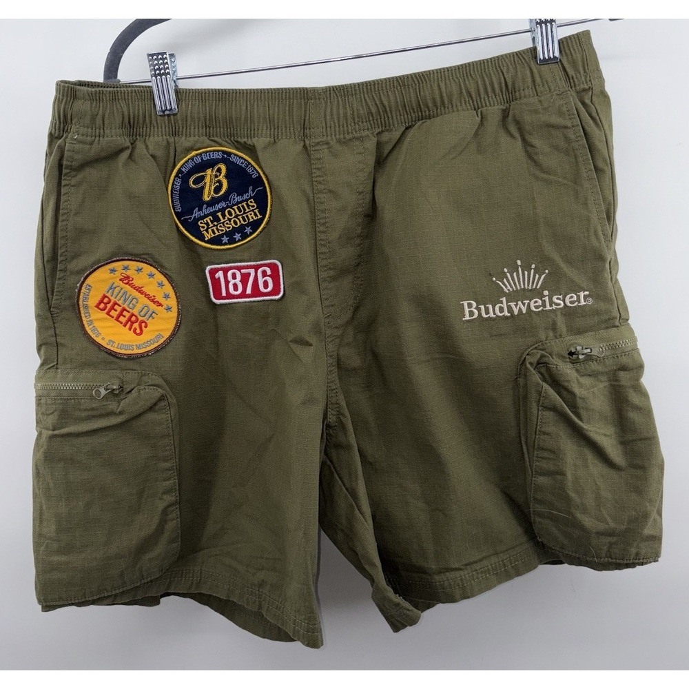 Pacsun x Budweiser Green Cargo Shorts Patches Zipper Pockets Mens Large 6"